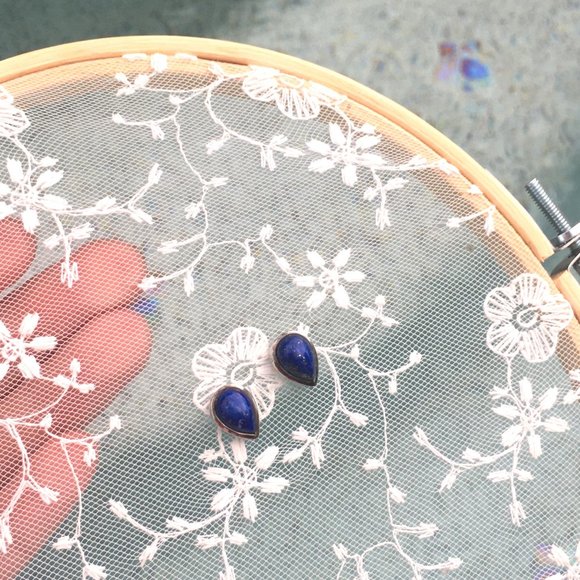 Genuine Lapis Lazuli .925 Stud Earrings Teardrop Pear-Shaped Sterling Silver - Picture 7 of 16